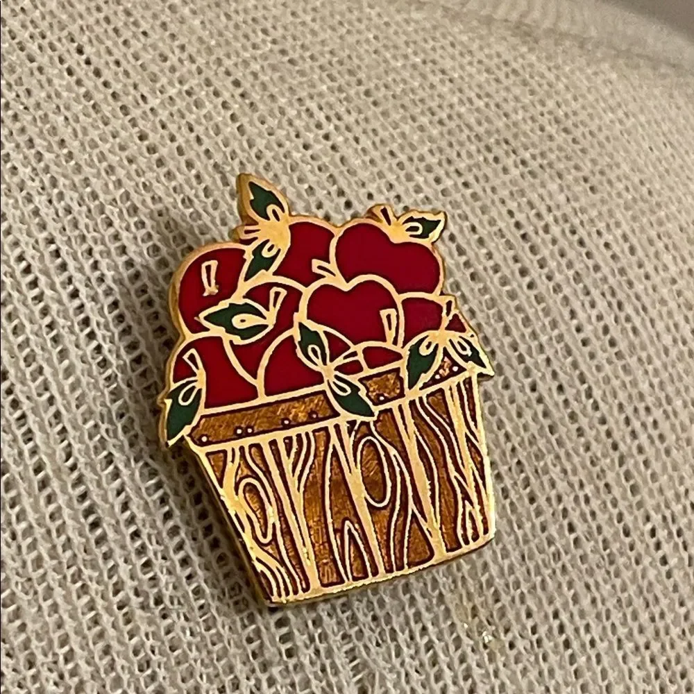 Vintage Hallmark Cards Inc. Enamel - Cloisonné Apple-in-a-basket Pin - Brooch
